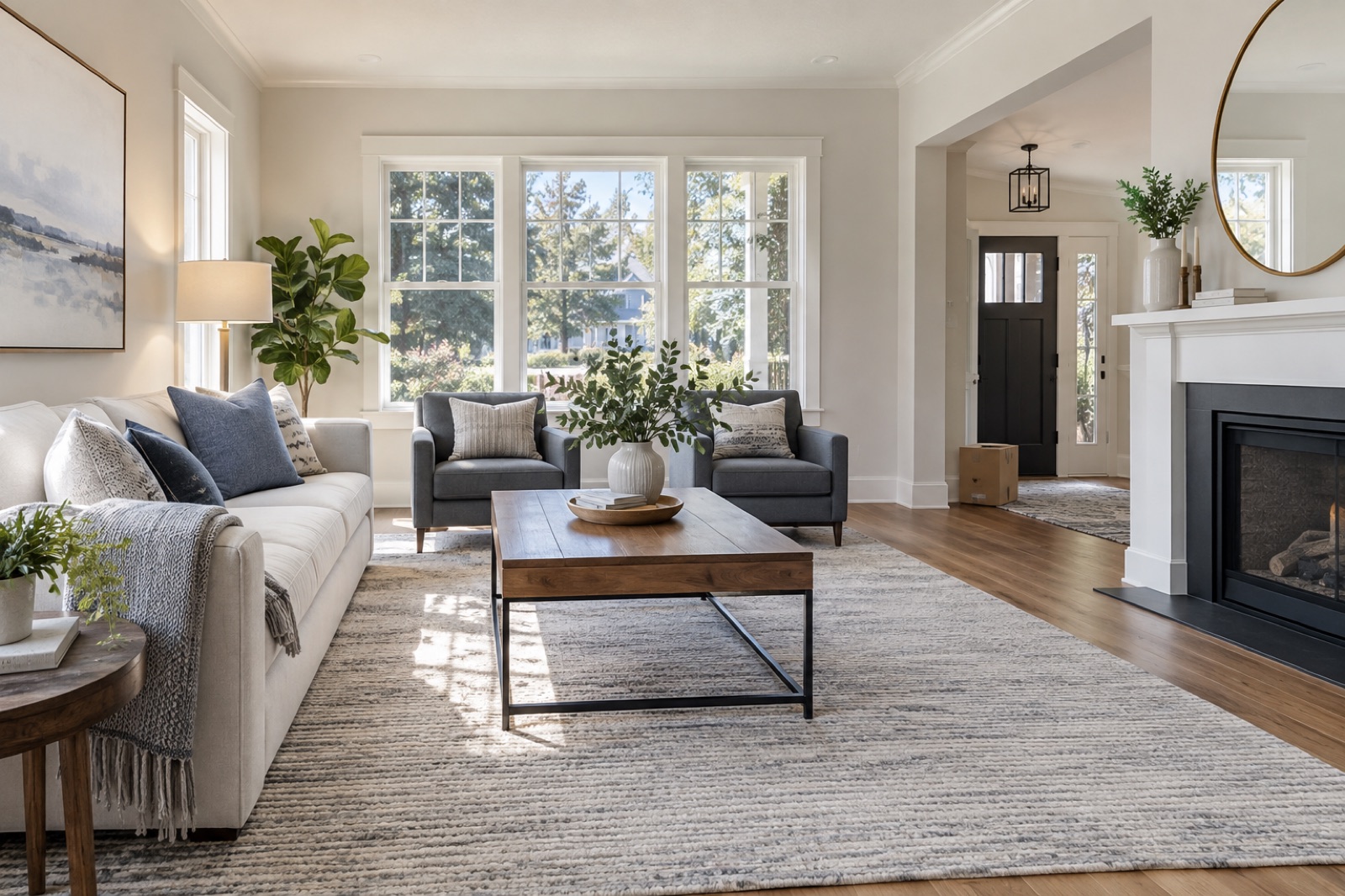 A bright living room prepared for a home sale